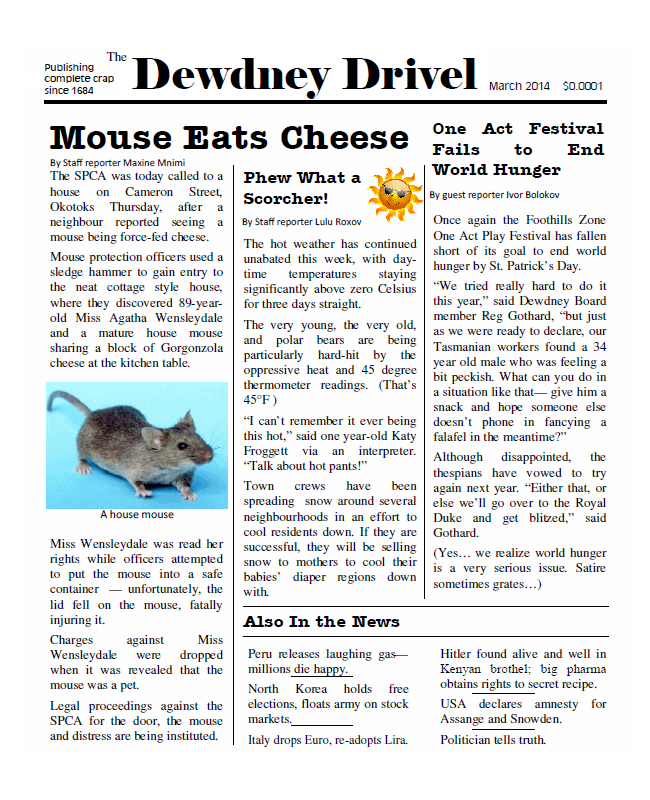 Front page of Monty-Pyton-inspired local newspaper parody