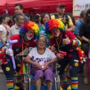 Lady in wheelchair; Clowns