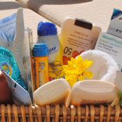 A basket of products, including skincare products
