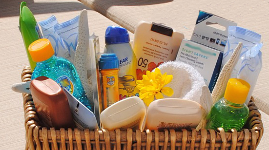 A basket of products, including skincare products